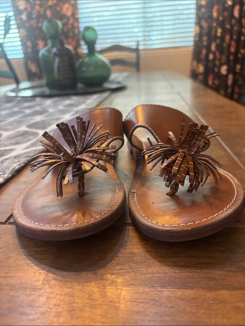 Patricia Nash Brown Leather Slide Sandals with Fringe Pom Accent - Picture 4 of 5
